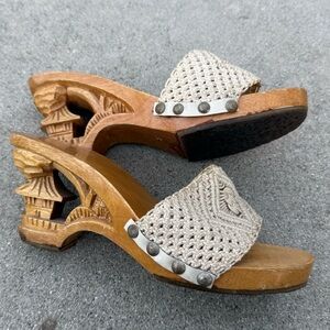 Vintage Bakya Carved Wooden Heel Open Toe Sandals size 6 preloved crochet knit